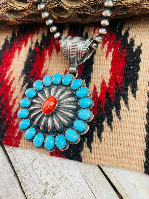 Navajo Sterling Silver, Turquoise & Red Spiny Pendant Signed