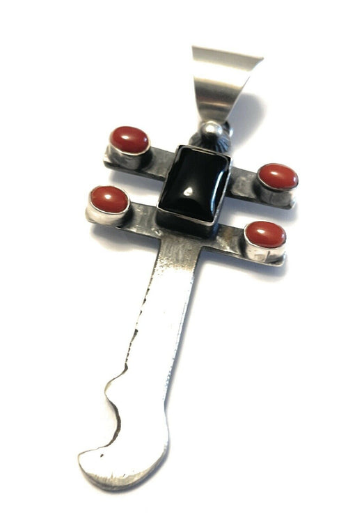 Navajo Sterling Silver Black Onyx and Coral Dragonfly Pendant By Chimney Butte