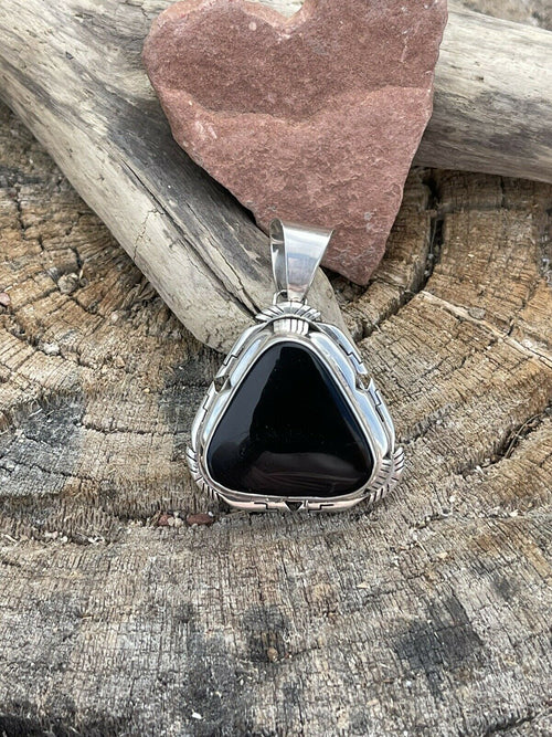 Navajo Sterling Silver Black Onyx Elegant Triangle Pendant Signed