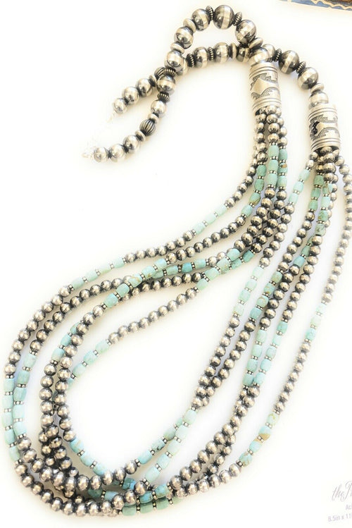 Navajo Royston Turquoise & Sterling Silver graduated 5 strand Beaded Necklace