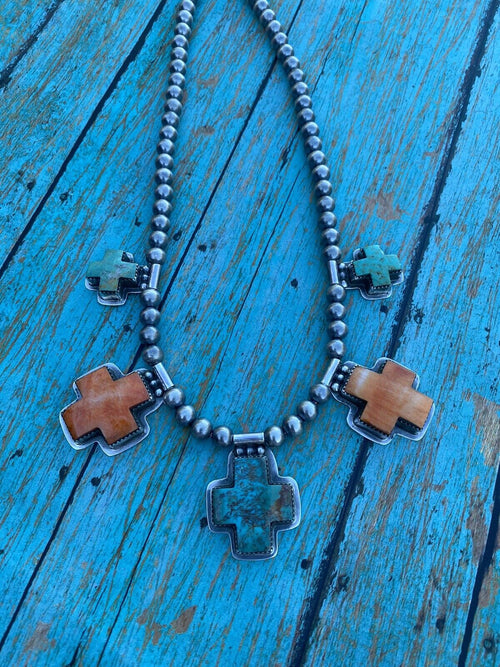 Buffalo Dancer Kingman Turquoise & Spiny Sterling Cross Beaded Necklace Signed