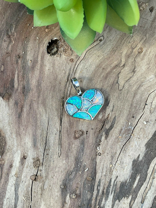 Zuni Iridescent Blue Opal & Sterling Silver Heart Pendant