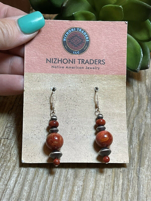 Beautiful Navajo Sterling Silver Apple Coral Triple Ball Bead Dangle Earrings