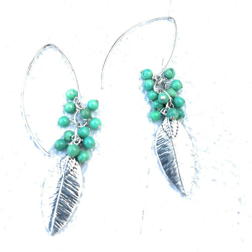 Navajo Sterling Silver & Green Turquoise Bead Leaf Dangle Earrings