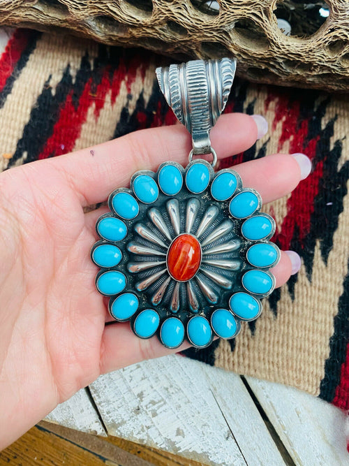 Navajo Sterling Silver, Turquoise & Red Spiny Pendant Signed