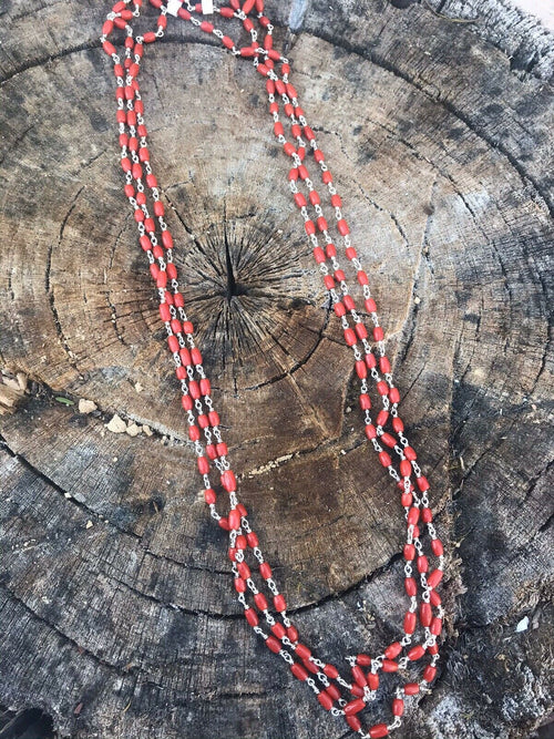 Navajo Sterling Silver & Red Coral Necklace 30 Inches