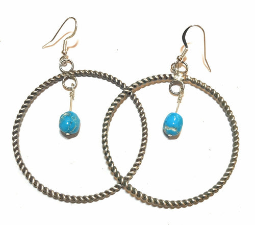 Navajo Sterling Silver Turquoise Dangle Hoop Earrings