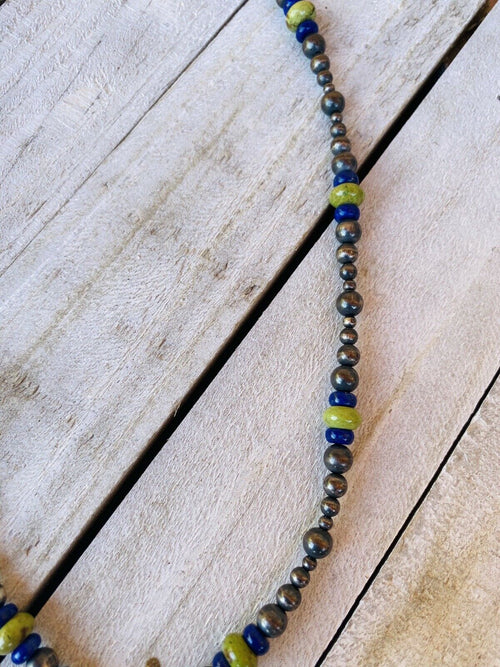 Navajo Lapis, Gaspeite And Sterling Silver Navajo Pearl Beaded Necklace