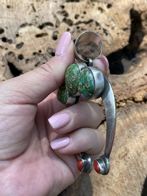 Navajo Sterling Sonoran Gold and Coral Naja Pendant Signed By Chimney Butte