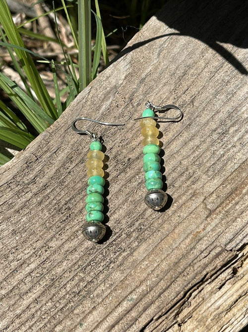 Navajo Sterling Silver Golden Quartz and Green Kingman Turquoise Dangle Earrings