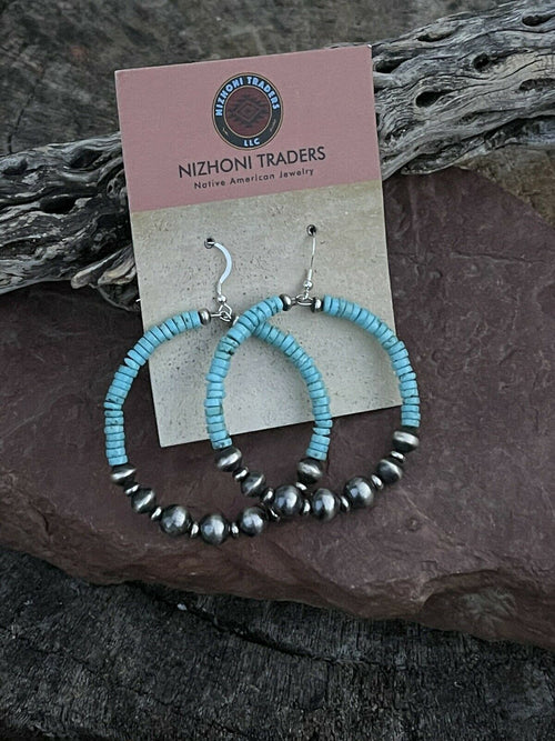 Navajo Sterling Silver Turquoise Stone French Hook Hoop Earrings