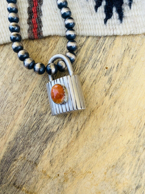 Navajo Orange Spiny & Sterling Silver Locket Pendant Signed