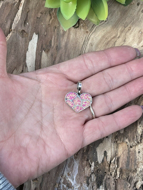 Zuni Iridescent Pink Opal & Sterling Silver Heart Pendant