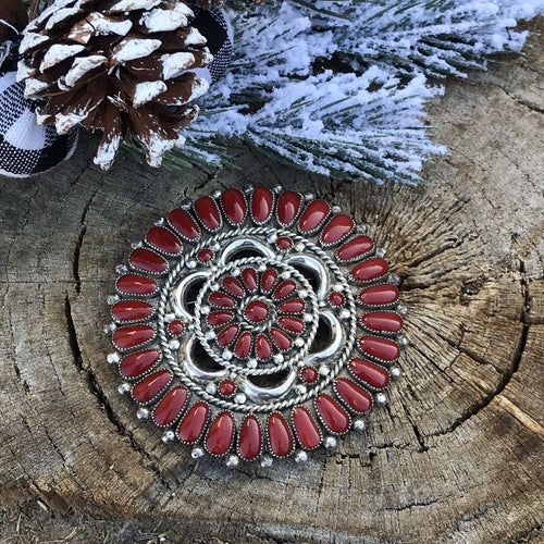 Navajo Jumbo Sterling Silver & Natural Red Coral Cluster Pendant/pin Signed