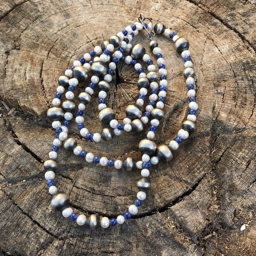 Navajo Sterling Silver Pearl And Lapis Handmade Beaded Necklace