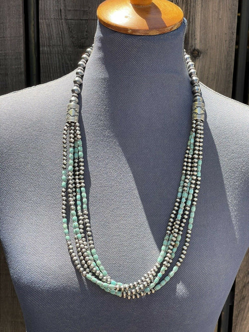 Navajo Royston Turquoise & Sterling Silver graduated 5 strand Beaded Necklace