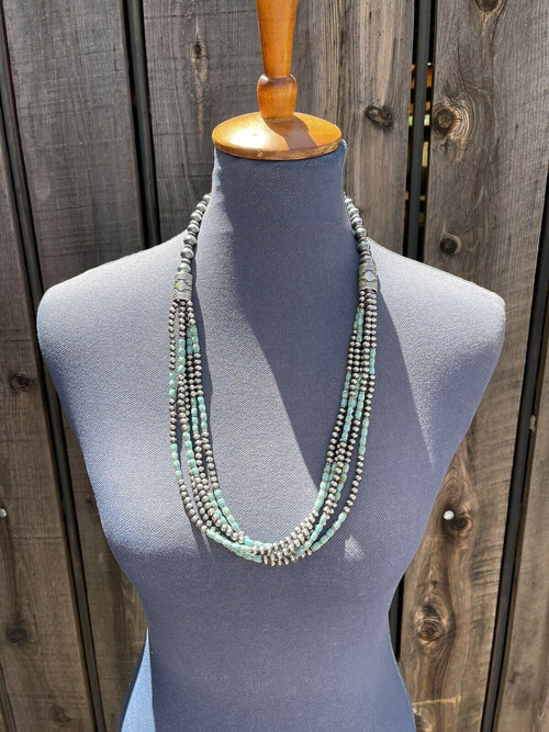 Navajo Royston Turquoise & Sterling Silver graduated 5 strand Beaded Necklace