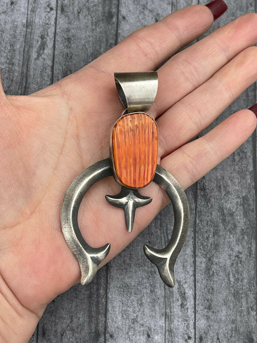 Navajo Chimney Butte Orange Spiny & Sterling Silver Naja Pendant Signed