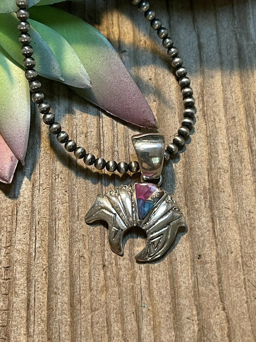 Navajo Pink Dream Mojave & Sterling Silver Bear Pendant