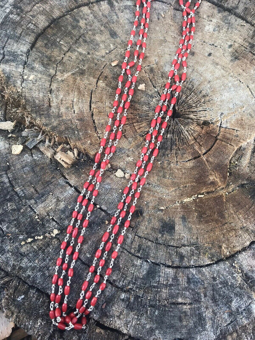 Navajo Sterling Silver & Red Coral Necklace 30 Inches