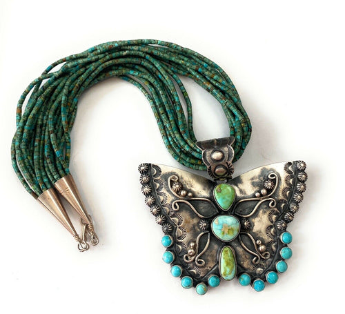 Navajo Sonoran Mountain Turquoise & Sterling Silver  Butterfly Necklace Signed