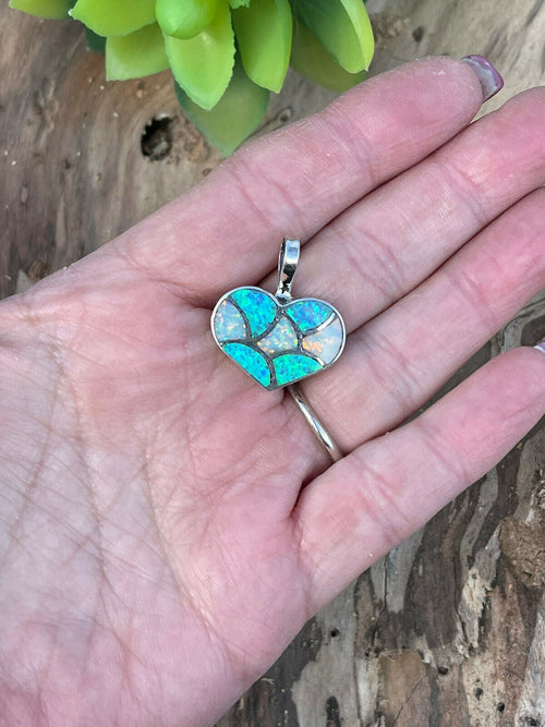 Zuni Iridescent Blue / White  Opal & Sterling Silver Heart Pendant