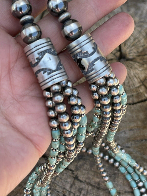 Navajo Royston Turquoise & Sterling Silver graduated 5 strand Beaded Necklace