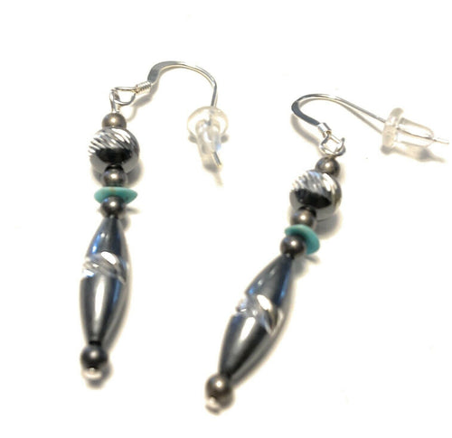 Navajo Diamond Cut Bead Sterling Silver Turquoise Dangle Earrings