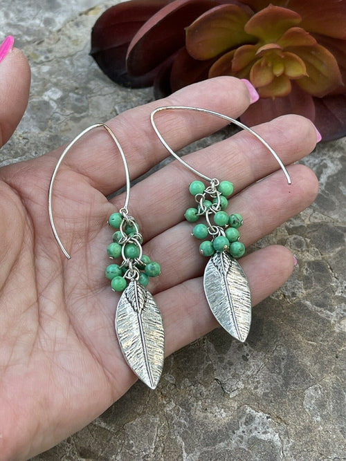 Navajo Sterling Silver & Green Turquoise Bead Leaf Dangle Earrings