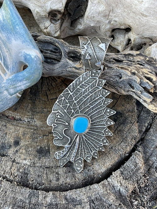 Navajo Sterling Silver & Kingman Turquoise Indian Chief Sand Cast Pendant Sign