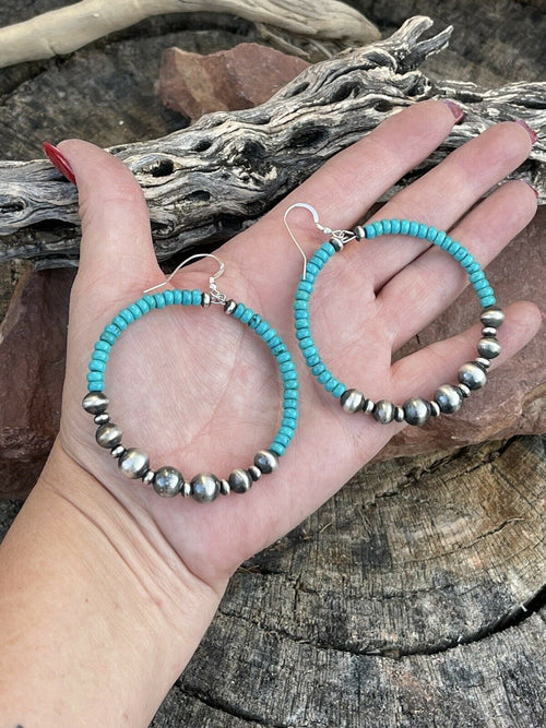 Gorgeous Beautiful Bright Blue Turquoise & Sterling Bead Hoop Dangle Earrings