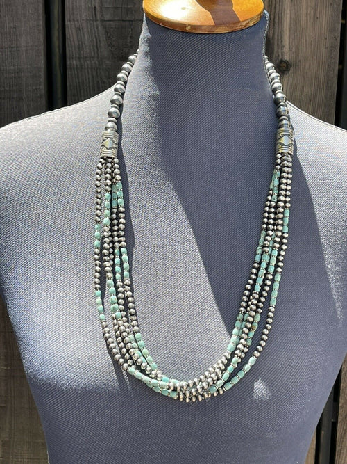 Navajo Royston Turquoise & Sterling Silver graduated 5 strand Beaded Necklace