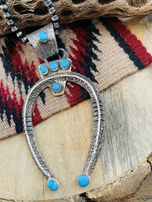 Navajo Sterling Silver & Kingman Turquoise Naja Pendant Signed