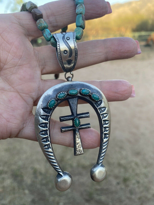 Navajo Sterling Silver & Red Turquoise Cross Naja Pendant By Martha Cayatineto