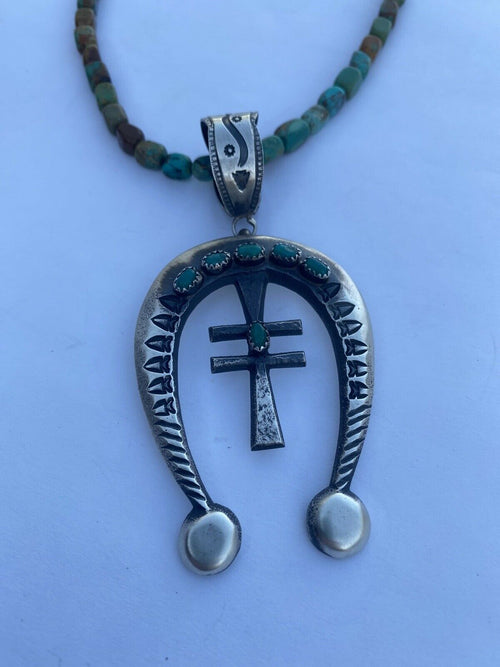 Navajo Sterling Silver & Red Turquoise Cross Naja Pendant By Martha Cayatineto