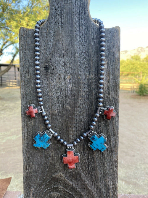 Buffalo Dancer Kingman Turquoise & Spiny Sterling Cross Beaded Necklace Signed