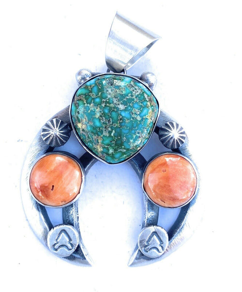 Navajo Sterling Silver, Turquoise & Orange Spiny Naja Pendant By Chimney Butte