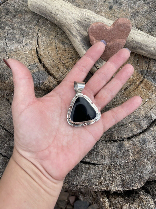 Navajo Sterling Silver Black Onyx Elegant Triangle Pendant Signed