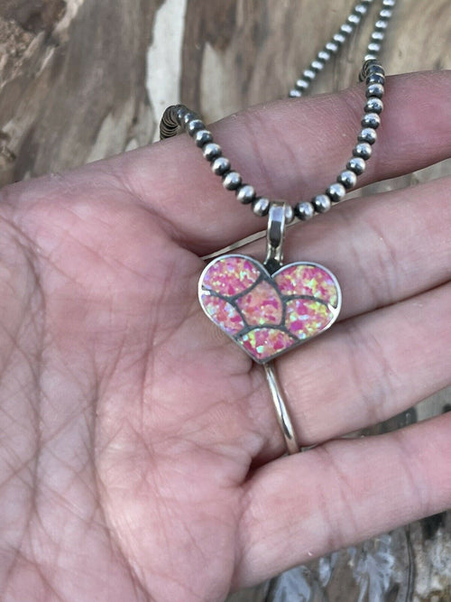 Zuni Iridescent Pink Opal & Sterling Silver Heart Pendant