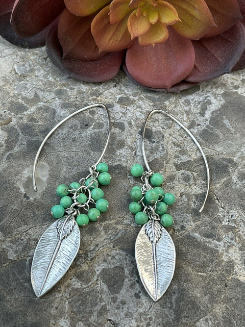 Navajo Sterling Silver & Green Turquoise Bead Leaf Dangle Earrings