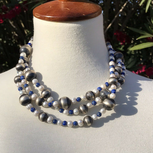 Navajo Sterling Silver Pearl And Lapis Handmade Beaded Necklace