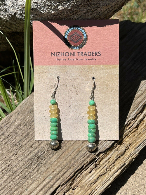 Navajo Sterling Silver Golden Quartz and Green Kingman Turquoise Dangle Earrings