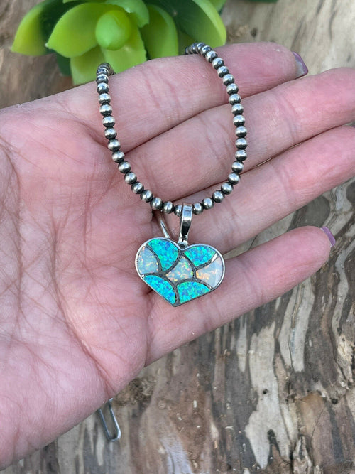 Zuni Iridescent Blue / White  Opal & Sterling Silver Heart Pendant