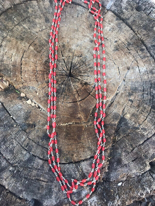 Navajo Sterling Silver & Red Coral Necklace 30 Inches