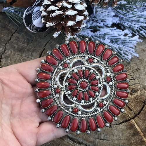 Navajo Jumbo Sterling Silver & Natural Red Coral Cluster Pendant/pin Signed