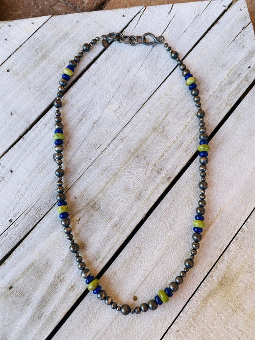 Navajo Lapis, Gaspeite And Sterling Silver Navajo Pearl Beaded Necklace