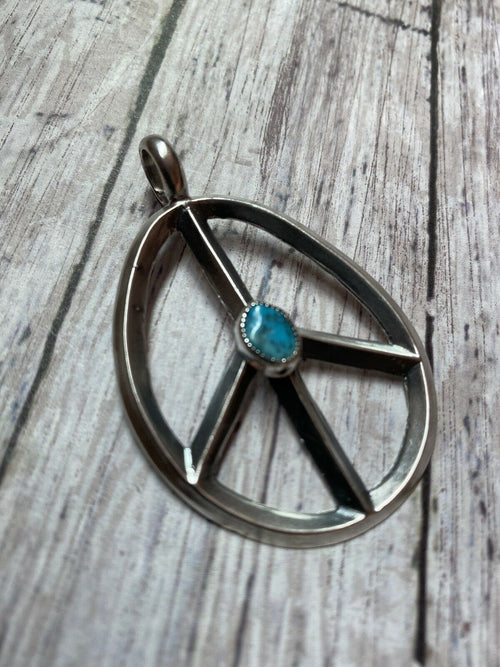 Navajo Sterling Silver & Kingman Turquoise Peace Sign Pendant Signed