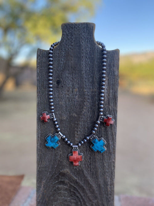 Buffalo Dancer Kingman Turquoise & Spiny Sterling Cross Beaded Necklace Signed