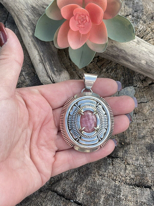 Navajo Sterling Silver Pink Rhodonite Elegant Pendant Signed