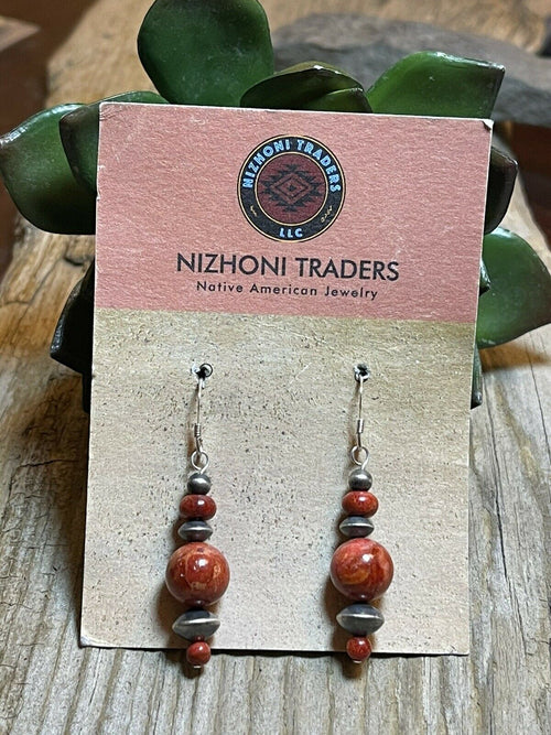 Beautiful Navajo Sterling Silver Apple Coral Triple Ball Bead Dangle Earrings